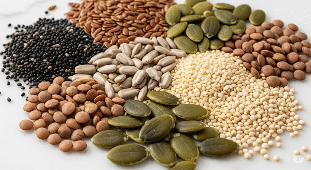 Chia seeds, flax seeds, pumpkin seeds, muskmelon seeds, basil seeds, sesame seeds