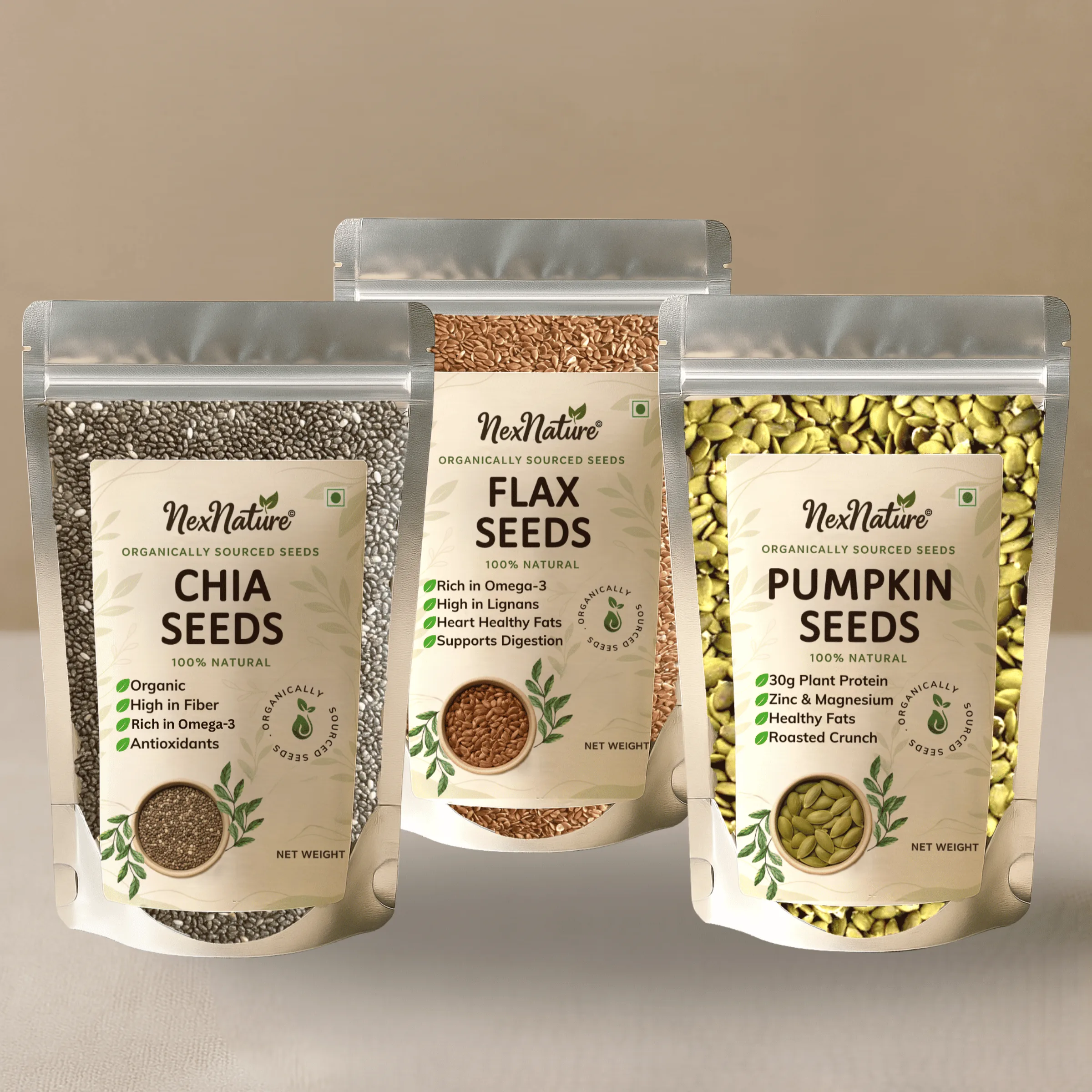 chia seeds, flax seeds and pumpkin seeds combo